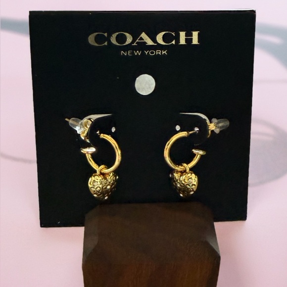 COACH Faux Stone Signature Quilted Heart Charm Huggie Earrings - Picture 4 of 5